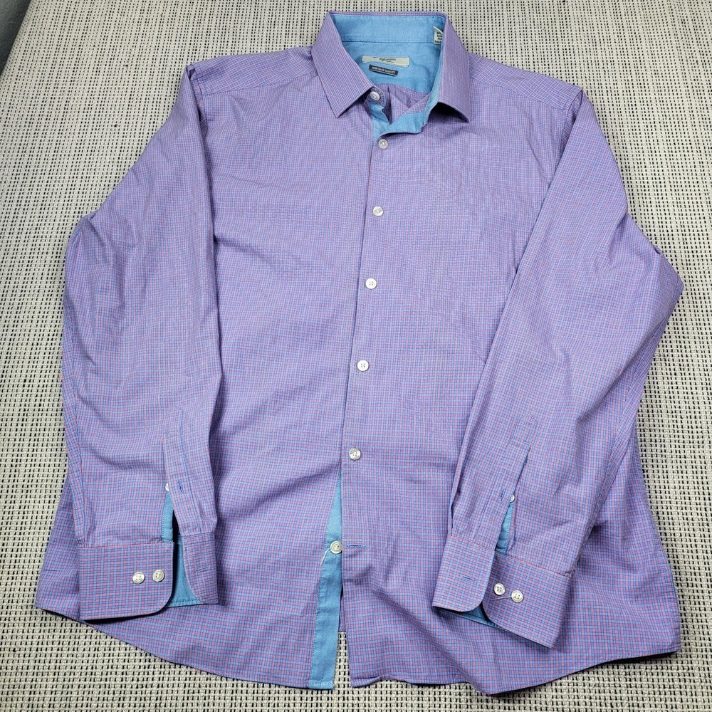 Original Penguin Shirt Mens XL Purple Plaid Slim Fit Long Sleeve Button Front‎